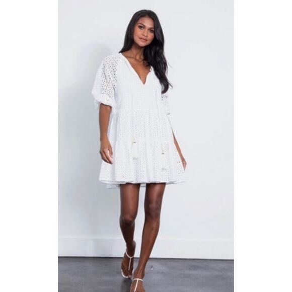 Karina Grimaldi Womens Irina Eyelet Mini Dress XS White Boho Tasseled Tiered - Picture 1 of 11